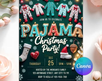 Christmas Pajama Party Invitation, Holiday Party Invite, Xmas Party, Christmas Party Invitation, Editable Canva Template