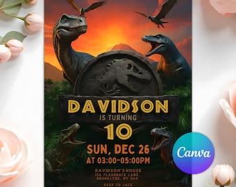 Dinosaur Birthday Invitation, T-Rex Party Invite, Dinosaur World Invite, Jurassic Dino Party, Editable Canva Template