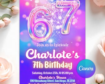May include: A birthday invitation with a vibrant gradient background of purple, blue, and pink. The invitation reads "I was 67, Now I'm 7" with the name "Charlote's" and details for a 7th birthday celebration.