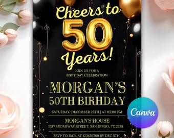 50th Birthday Invitation for Him, 50th Invite Template Evite, Black and Gold Birthday Party Invitation for Men, Editable Canva Template