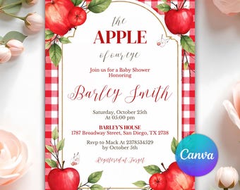 May include: Baby shower invitation with a red and white gingham border. The invitation features the text "The Apple of our Eye" and details for Barley Smith's baby shower, including date, time, and location.