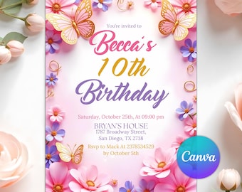 Invitación de cumpleaños con mariposas, Fiesta de mariposas para niña, Invitación de cumpleaños con mariposa morada, Invitación para el primer cumpleaños, Plantilla editable de Canva