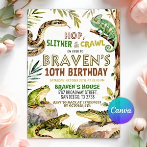 May include: A birthday party invitation with a watercolor design featuring a snake, chameleon, frog, and alligator. The invitation reads "Hop, Slither & Crawl on over to Braven's 10th Birthday" with event details and RSVP information.