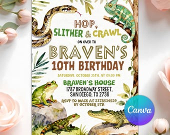 Reptile Birthday Invitation, Hop Slither and Crawl Party, Watercolor Snake Lizard Alligator Frog, Any Age Birthday, Editable Canva Template