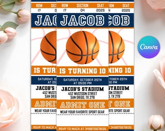 May include: Basketball birthday party tickets with orange basketball graphics. The design includes the name "Jacob", event details, and the text "Admit One" and "V.I.P. Ticket". The tickets are in a vertical format.
