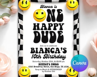 One Happy Dude Birthday Invitation, Smiley Face Retro One Happy Dude First Birthday Party Printable Invitation Template, Editable in Canva