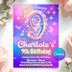 Puede incluir: Una invitación de cumpleaños con un diseño vibrante. La invitación presenta un gran número 9 colorido, el texto "Join us to celebrate", y el nombre "Charlote's" con "9th Birthday". Detalles adicionales incluyen la fecha, hora y lugar.