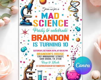 Editable Mad Science Birthday Invitation, Neon Lab Scientist Party Printable, Experiment Boy Girl Canva Template, Chemistry Digital Download