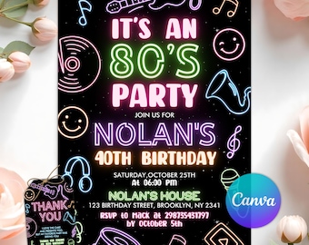 Convite para festa de aniversário anos 80, Festa neon de volta aos anos 80, Festa disco com luzes neon, Festa retrô dos anos 2000, Modelo editável do Canva