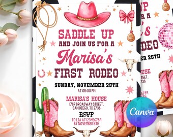 First Rodeo Birthday Invitation, Cowgirl Western Party Invite, Editable Pink Rodeo Template, Two Designs Included, Canva Printable