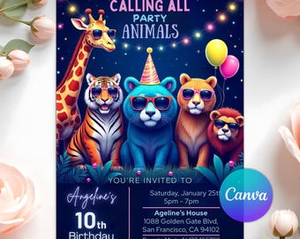 Calling All Party Animals Invitation, Neon Party Animal Kids Birthday Invite, Safari Party Invite, Digital Download, Editable Canva Template