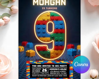 Baustein zum 9. Geburtstag Einladung, Neon Backstein Party einladen, Bunte Steine Feier, Geburtstagskind, Bearbeitbare Canva Vorlage