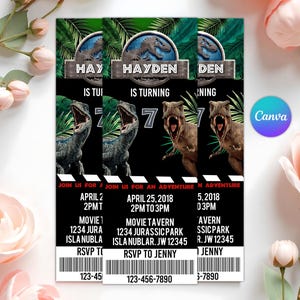 May include: Three black and green Jurassic Park-themed birthday party invitations. Each invitation features a dinosaur graphic, the name "Hayden", and event details. Includes a barcode and the Canva logo.