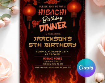 Invitación editable para cena de cumpleaños con tema hibachi, invitación para fiesta con tema hibachi, invitación para cumpleaños con temática japonesa y asiática, plantilla de Canva, Evite