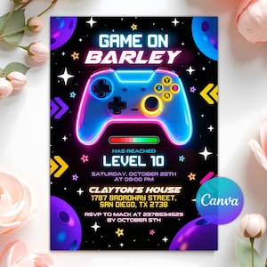 May include: A digital invitation with a black background and a neon blue and pink game controller graphic. The text "GAME ON BARLEY" is at the top, with "LEVEL 10" below the controller. Additional text includes event details and a Canva logo.