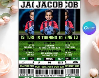 Soccer Ticket Birthday Invitation with Photo, Football Party Invite, Printable Birthday Party Invitations, Editable in Canva