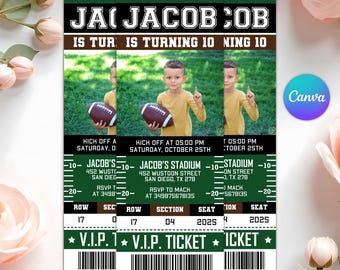 May include: A custom invitation featuring a young boy holding a football, with text that reads "Jai Jacob is turning 10." The design includes event details, ticket information, and the Canva logo.