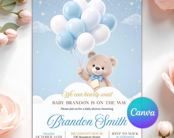 We Can Bearly Wait Baby Shower Invitation, Teddy Bear Balloon Baby Shower, Blue Boho Bear Shower, Editable Canva Template