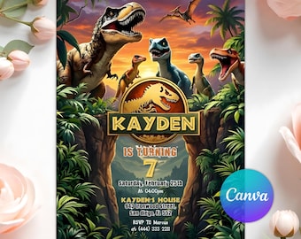 Invitación de cumpleaños de dinosaurio, invitación para fiesta de T-Rex, invitación a Dinosaur World, fiesta de cumpleaños para cualquier edad, plantilla editable de Canva