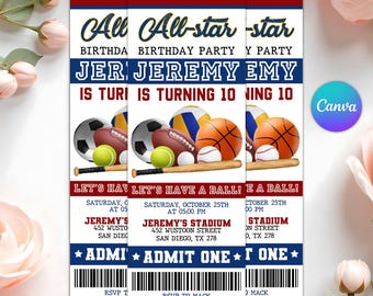 May include: Three All-Star birthday party invitations with a sports theme. The design includes various sports balls, the text "Jeremy is turning 10," and event details. The invitations have a red, white, and blue colour scheme.