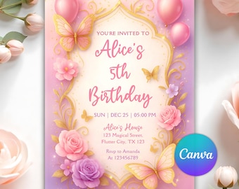 Invitación de cumpleaños de mariposa, fiesta de mariposas para niña, invitación de cumpleaños de mariposa morada, invitación para el primer cumpleaños, plantilla editable de Canva