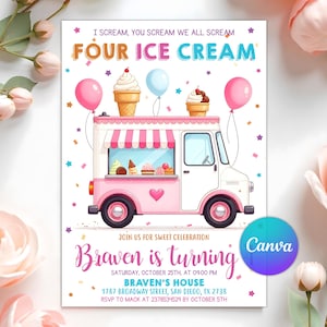 Puede incluir: Tarjeta de invitación con un camión de helados rosa y blanco con el texto "Four Ice Cream". La tarjeta incluye globos rosas, conos de helado y el texto "Braven is turning".