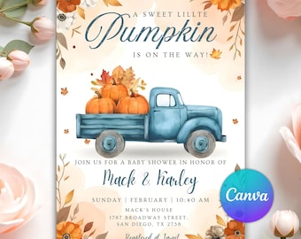 Invito modificabile per baby shower autunnale con camion blu, invito per baby shower autunnale con piccola zucca, modello digitale Canva