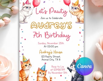 Editable Cat Birthday Invitation, Kitten Party Invite, Cute Pet Theme Printable Template, Cat Lovers Birthday Instant Download