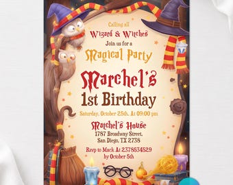 Wizards Witches Birthday Invitation, Magical School Wizardry Birthday Party Invitation, Editable Canva Template