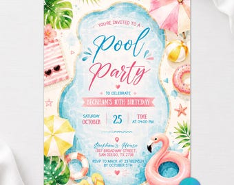 Pool Birthday Invitation, Summer Party Invite, Hand Drawn Whimsical Swim Birthday Invite, Instant Download, Editable Canva Template