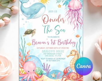 Inbjudan till Oneder the Sea för första födelsedag, Inbjudan till flicka under havet för första födelsedag, Fest med havsdjur, Redigerbar Canvas-mall