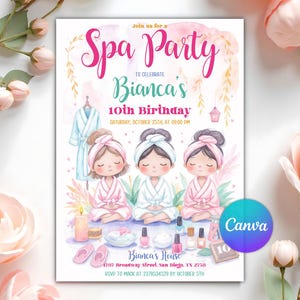 以下が含まれることがあります： 「Spa Party」と「Bianca's 10th Birthday」のテキストが入ったスパパーティーの招待状。招待状には、バスローブを着た3人の女の子、スパ製品、Canvaのロゴなど、スパをテーマにした要素のイラストが描かれています。