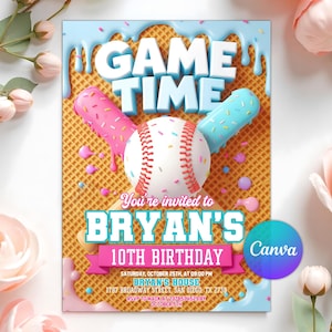 May include: A baseball-themed birthday invitation with the words "GAME TIME" in white 3D letters. The invitation includes a baseball, ice cream cones, and the text "You're invited to BRYAN'S 10TH BIRTHDAY". The Canva logo is in the bottom right corner.