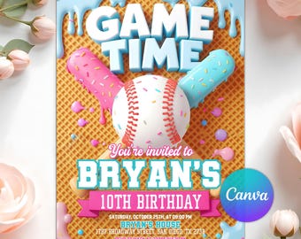 Baseball Drip Birthday Invitation, Baseball Ice Cream Drip Birthday Party Invite, Sports Style, Any Age, Editable Canva Template