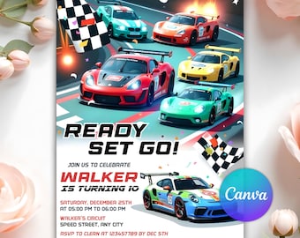 Invito di compleanno a tema auto da corsa, festa a tema auto da corsa, festa di corse, invito a tema auto da corsa sportiva, invito per ragazzi, compleanno a tema auto, modello Canva modificabile