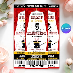 May include: Three magic show tickets with a red curtain design. The tickets read "The Magnificent Brand is turning 5" and include a magician's hat with rabbit ears, playing cards, and a magic wand. The tickets also include the show's date, time, and location.