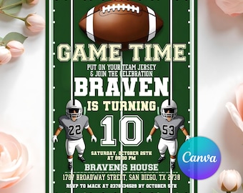 Invito di compleanno a tema football, invito a una festa sportiva, invito a una partita di football americano, tempo di gioco, touchdown, modello Canva modificabile