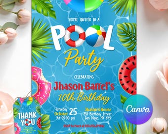 Editale Pool Geburtstagseinladung, Pool Party-Einladung, Sommerparty einladen, Schwimmparty, printable, Instant Download