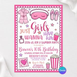 Inbjudan till rosa pyjamasfest, alla åldrar, flickor vill bara ha kul, födelsedagsinbjudan, pyjamasfest, redigerbar Canvas-mall