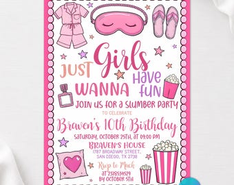 Pink Pajama Slumber Party Invitation Any Age, Girls Just Wanna Have Fun Birthday Invite, Sleepover Party, Editable Canva Template