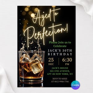Editable Aged To Perfection Birthday Invitation, Whiskey Bourbon Party Invite, Men's Milestone 30th 40th 50th, Neon Gold Digital Canva