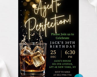 Editable Aged To Perfection Birthday Invitation, Whiskey Bourbon Party Invite, Men's Milestone 30th 40th 50th, Neon Gold Digital Canva