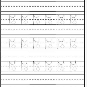 May include: A white lined paper with dotted lines and handwriting guides. The guides are in the shape of a vest with a small diamond shape inside. The paper is designed for practicing handwriting.