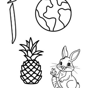 May include: Black and white line art illustrations of a stylized Arabic letter, a globe, a pineapple, and a rabbit holding a carrot. The images are simple and suitable for coloring or educational purposes.