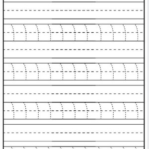 May include: White paper with horizontal lines and dotted curved lines, designed for handwriting practice. The dotted lines form arches, and the solid lines provide guidance for writing. Ideal for educational purposes.