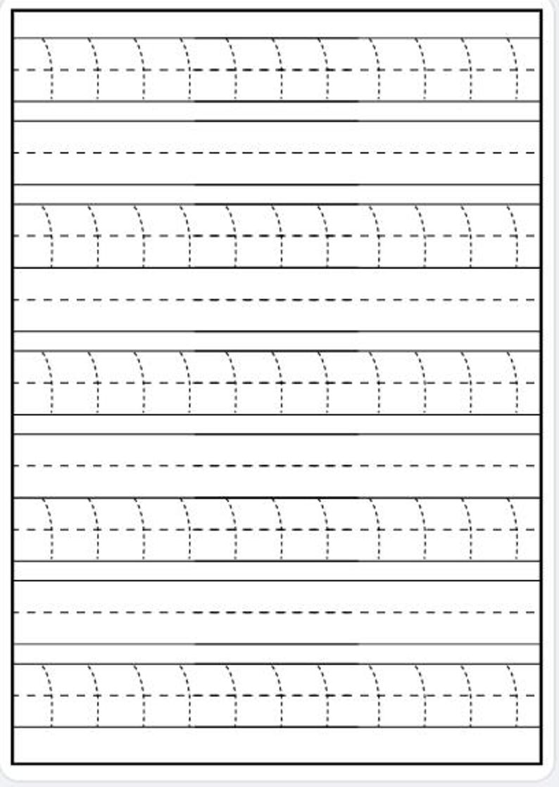 May include: White paper with horizontal lines and dotted curved lines, designed for handwriting practice. The dotted lines form arches, and the solid lines provide guidance for writing. Ideal for educational purposes.