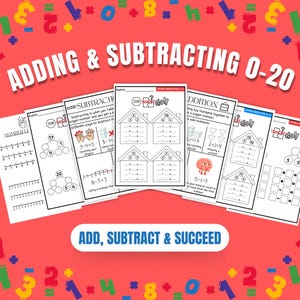 Può includere: Fogli di lavoro didattici per addizionare e sottrarre numeri da 0 a 20. I fogli di lavoro presentano illustrazioni colorate e il testo "Adding & Subtracting 0-20" e "Add, Subtract & Succeed" su sfondo rosso.