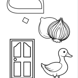 May include: Black and white line art illustration featuring an Arabic letter, a small square, two onions, a door, and a duck. The images are simple and suitable for coloring or educational purposes.