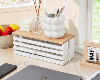 Wooden Cable Management Box – Power Strip and Charger Organizer | Cord Hider Storage Case | Dustproof Wire Management for Home and Desk