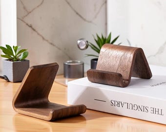 Massivholz Telefonständer | Schwarznuss Handy Halter | Holztablett-Ständer | Desktop Telefon Dock | Schreibtisch Accessoire Dekor